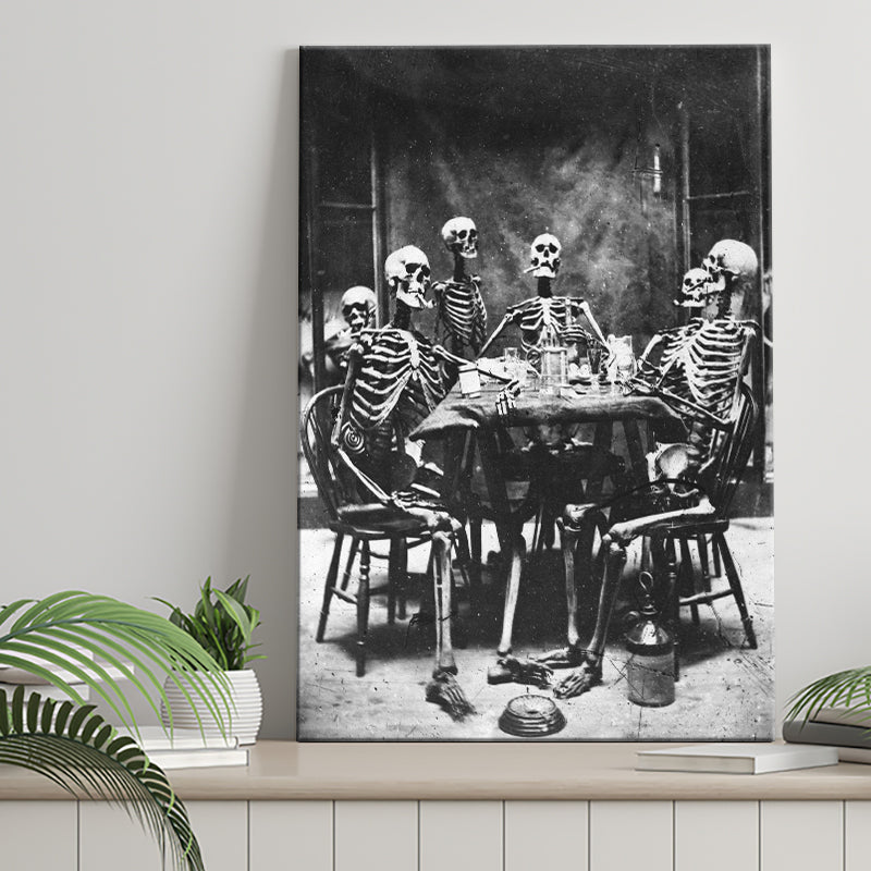 Skeletons Smoking Black And White Print, Gothic Skeletons Drinking Canvas Prints Wall Art Home Decor