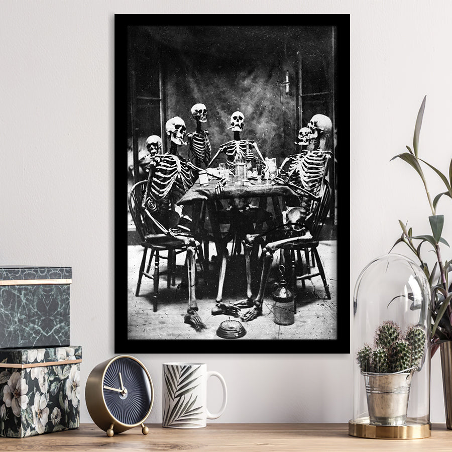 Skeletons Smoking Black And White Print, Gothic Skeletons Drinking Framed Art Print Wall Art Decor,Framed Picture