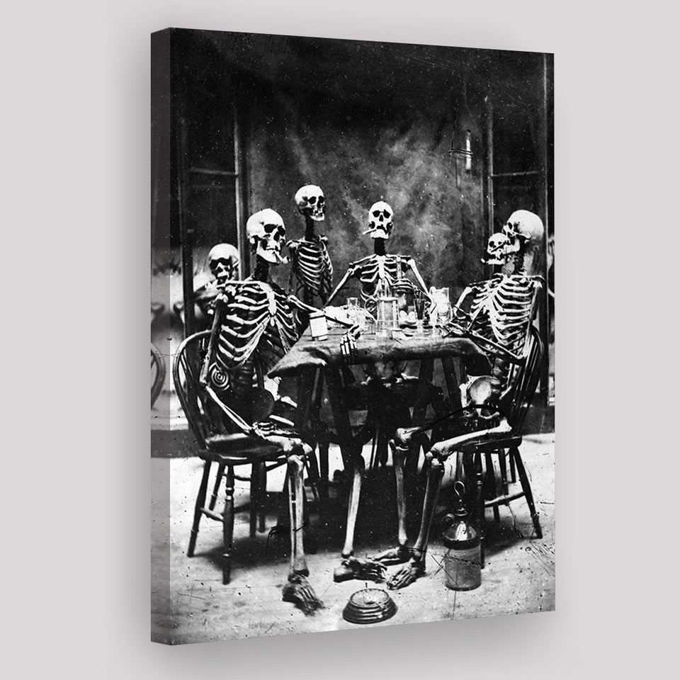 Skeletons Smoking Black And White Print, Gothic Skeletons Drinking Canvas Prints Wall Art Home Decor