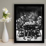 Skeletons Smoking Black And White Print, Gothic Skeletons Drinking Framed Art Print Wall Art Decor,Framed Picture