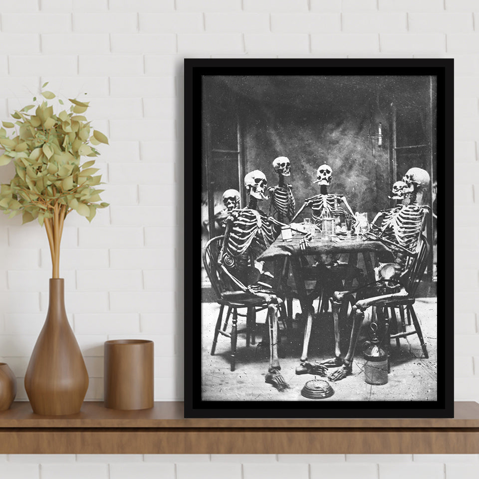 Skeletons Smoking Black And White Print, Gothic Skeletons Drinking Framed Canvas Prints Wall Art Home Decor, Floating Frame
