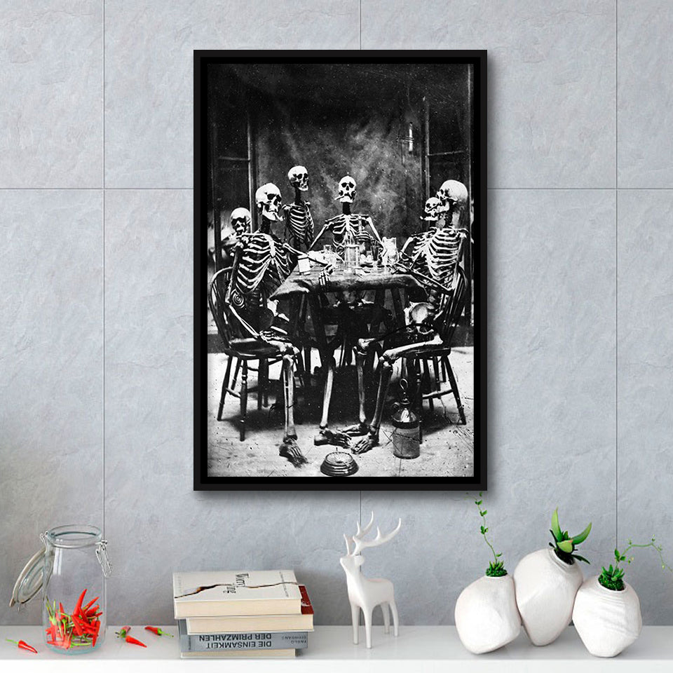 Skeletons Smoking Black And White Print, Gothic Skeletons Drinking Framed Canvas Prints Wall Art Home Decor, Floating Frame