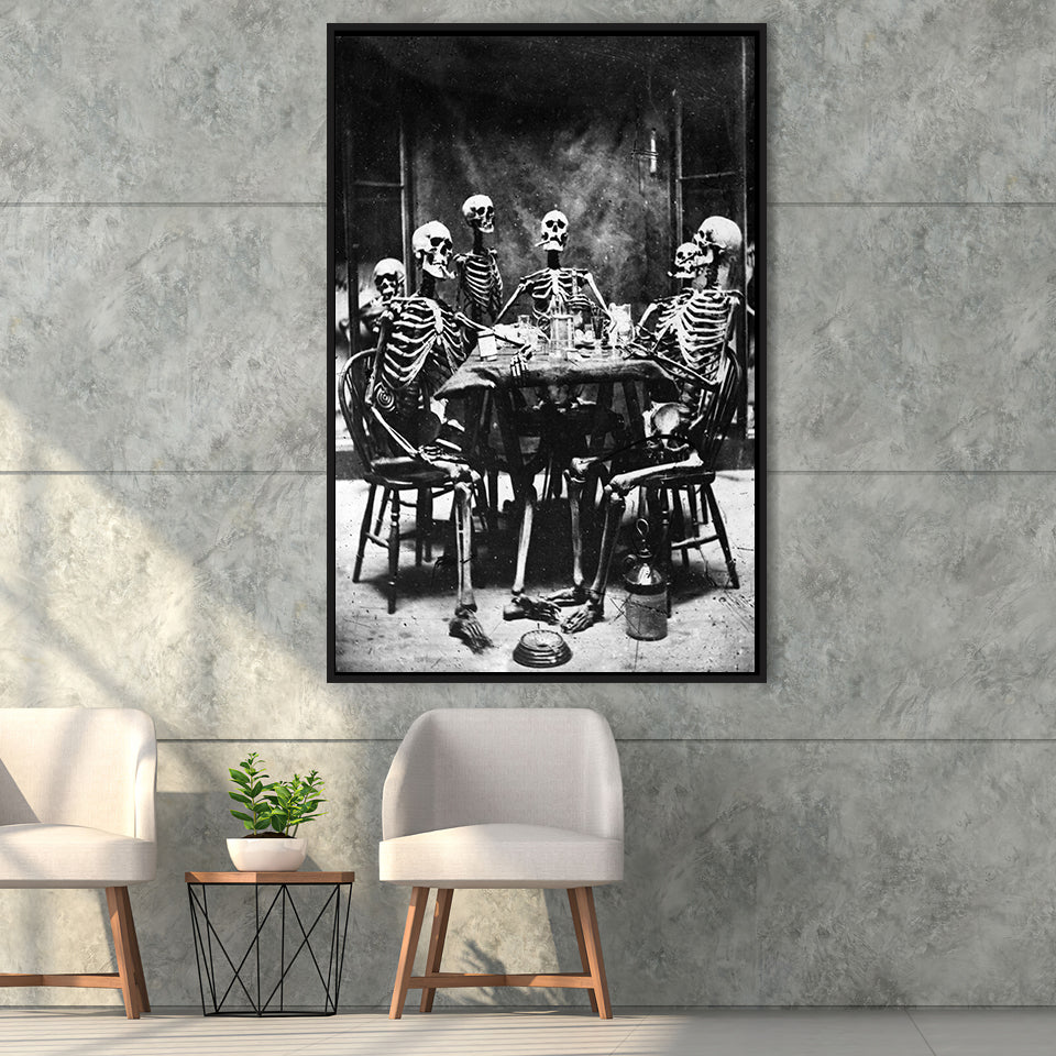 Skeletons Smoking Black And White Print, Gothic Skeletons Drinking Framed Canvas Prints Wall Art Home Decor, Floating Frame
