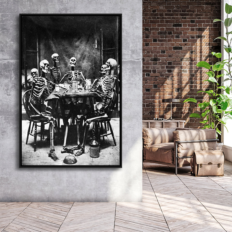 Skeletons Smoking Black And White Print, Gothic Skeletons Drinking Framed Canvas Prints Wall Art Home Decor, Floating Frame