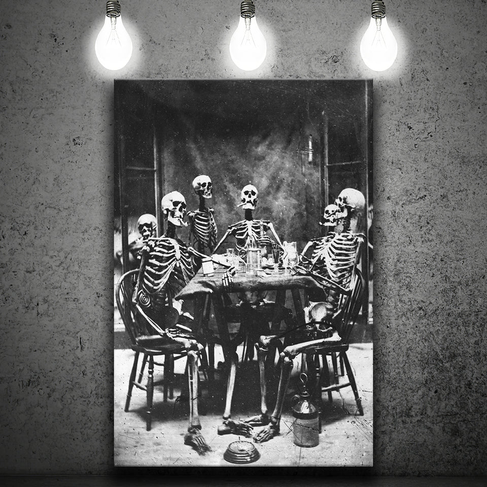 Skeletons Smoking Black And White Print, Gothic Skeletons Drinking Canvas Prints Wall Art Home Decor