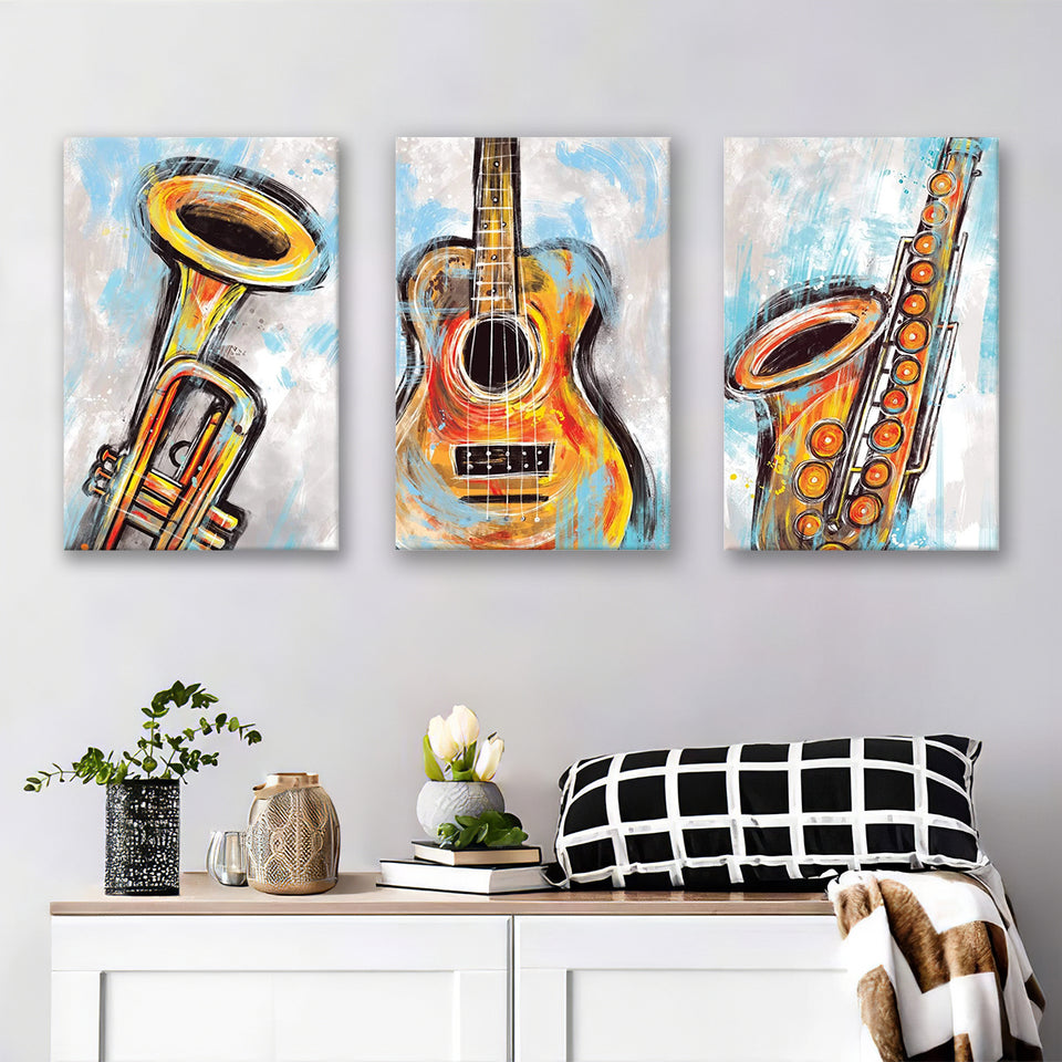 Sketched Instruments Colorfull Set of 3 Piece Canvas Prints Wall Art Decor