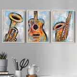 Sketched Instruments Colorfull Set of 3 Piece Framed Canvas Prints Wall Art Decor