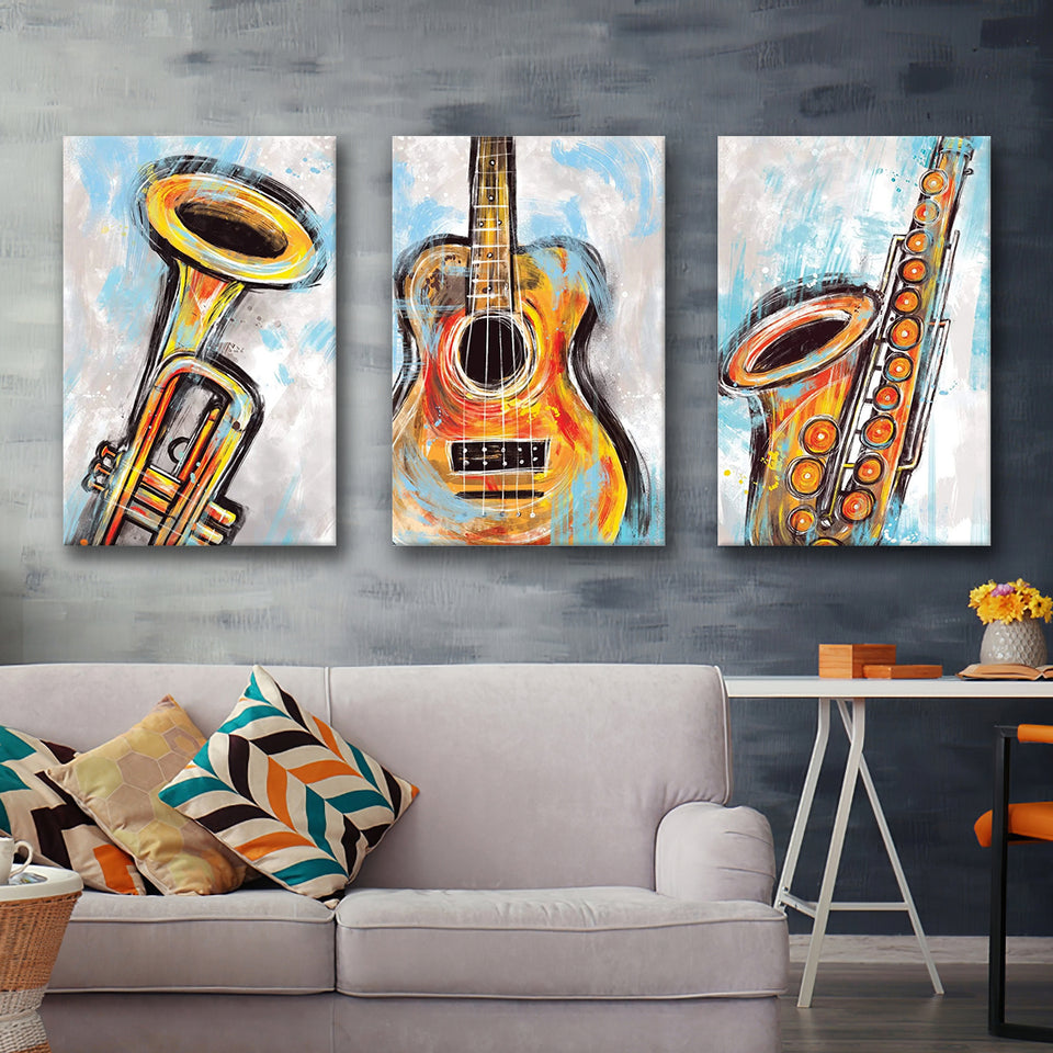 Sketched Instruments Colorfull Set of 3 Piece Canvas Prints Wall Art Decor