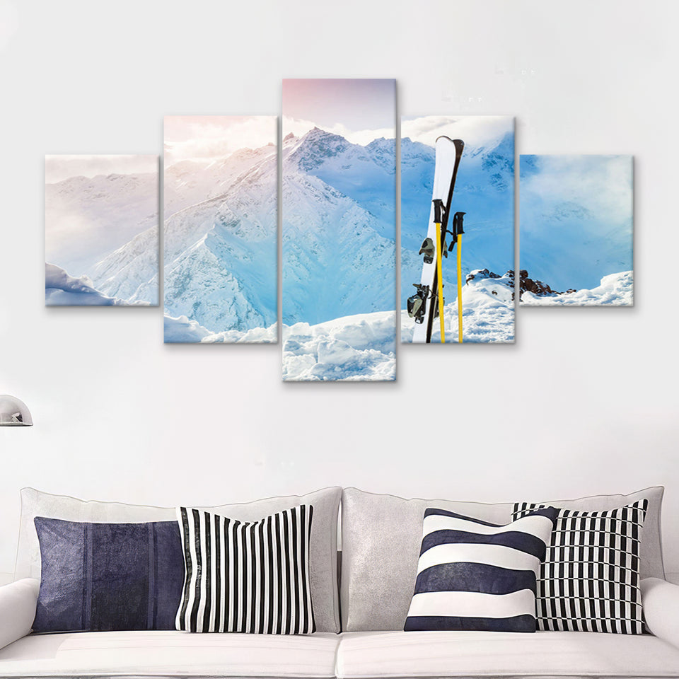 Ski and Landscape Mountains 5 Piece Canvas Prints Wall Art Decor - Painting Canvas, Multi Panels