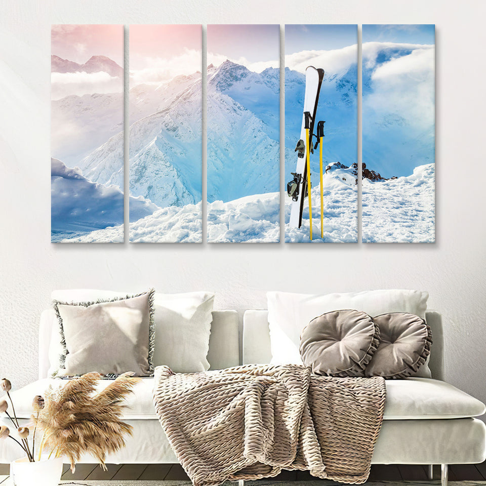 Ski and Landscape Mountains 5 Piece B Canvas Prints Wall Art Decor - Painting Canvas, Multi Panels