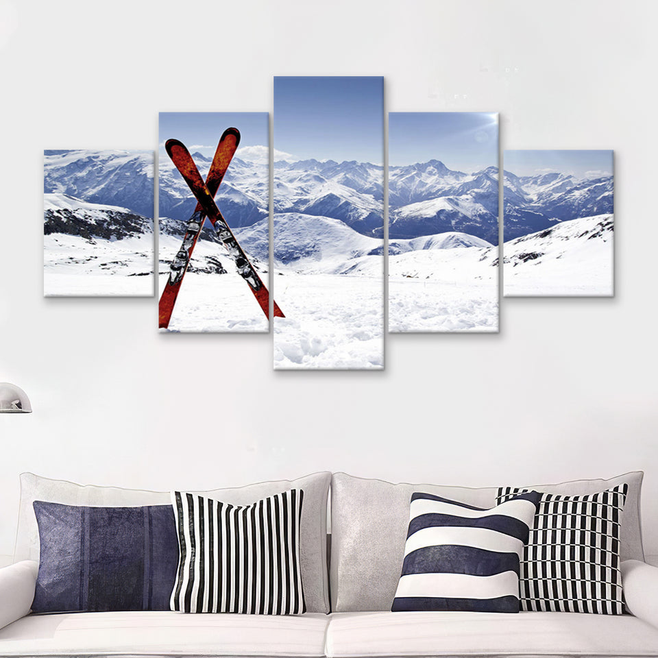 Skiing Painting Canvas Art Ski 5 Piece Canvas Prints Wall Art Decor - Painting Canvas, Multi Panels