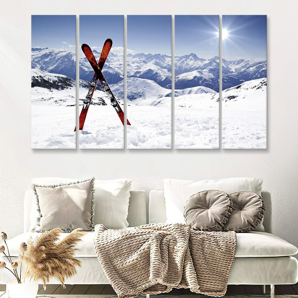 Skiing Painting Canvas Art Ski 5 Piece B Canvas Prints Wall Art Decor - Painting Canvas, Multi Panels