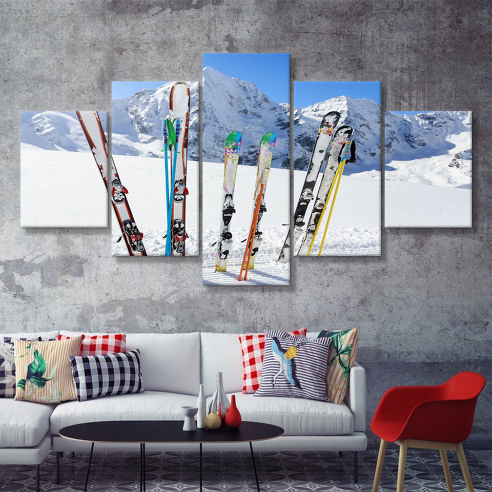Skiing Sunny Nature Skiing Skiing in Mountains 5 Piece Canvas Prints Wall Art Decor - Painting Canvas, Multi Panels