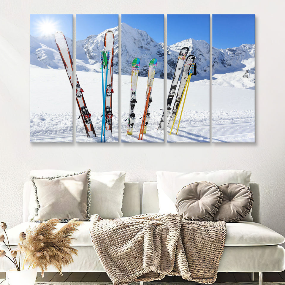 Skiing Sunny Nature Skiing Skiing in Mountains 5 Piece B Canvas Prints Wall Art Decor - Painting Canvas, Multi Panels