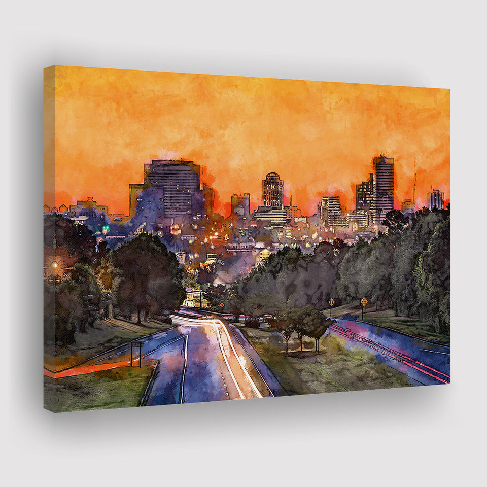 Skyline Downtown Columbia South Carolina Above City Art Watercolor Canvas Prints Wall Art Home Decor, Large Canvas