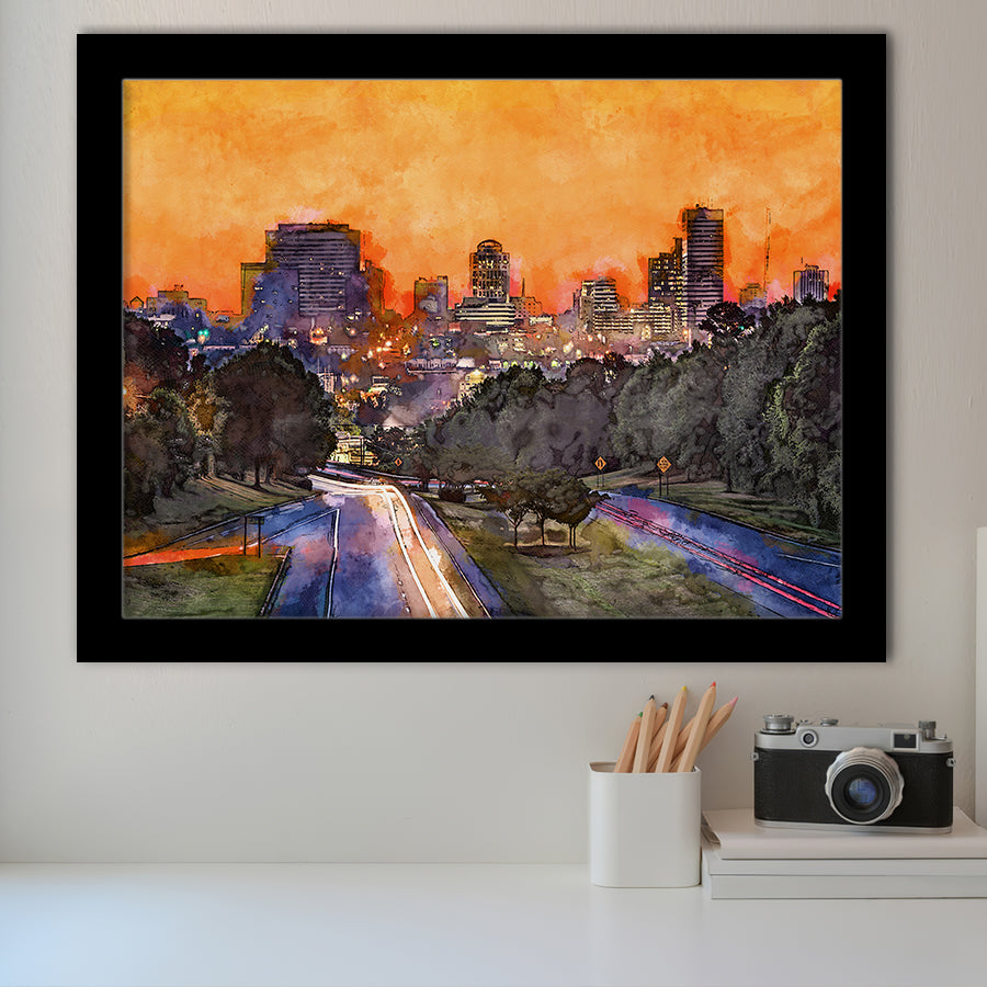 Skyline Downtown Columbia South Carolina Above City Art Watercolor Framed Art Prints Wall Art Decor,Framed Picture