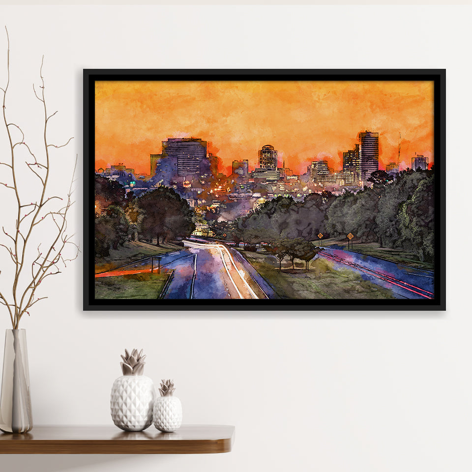 Skyline Downtown Columbia South Carolina Above City Art Watercolor Framed Canvas Prints Wall Art Home Decor,Floating Frame