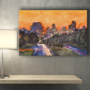 Skyline Downtown Columbia South Carolina Above City Art Watercolor Canvas Prints Wall Art Home Decor, Large Canvas