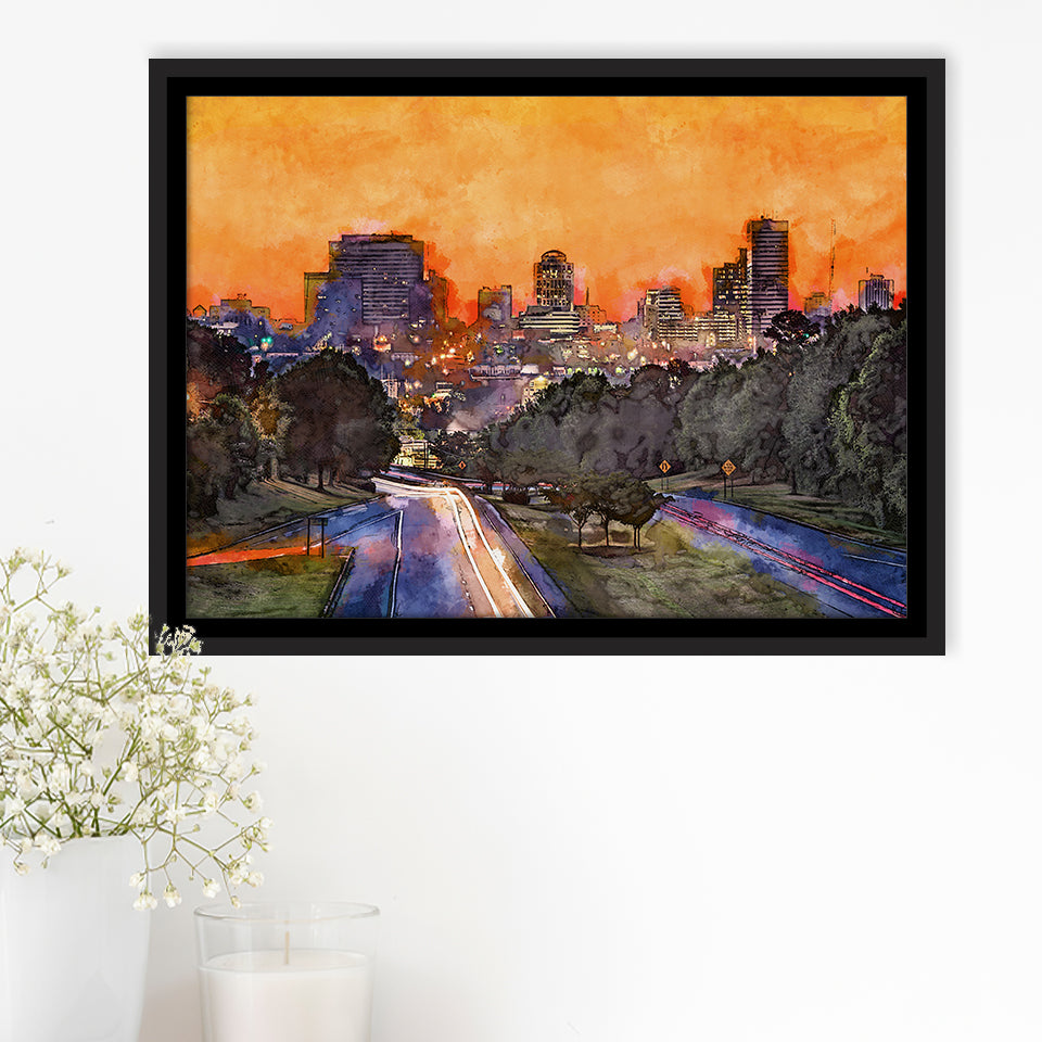 Skyline Downtown Columbia South Carolina Above City Art Watercolor Framed Canvas Prints Wall Art Home Decor,Floating Frame