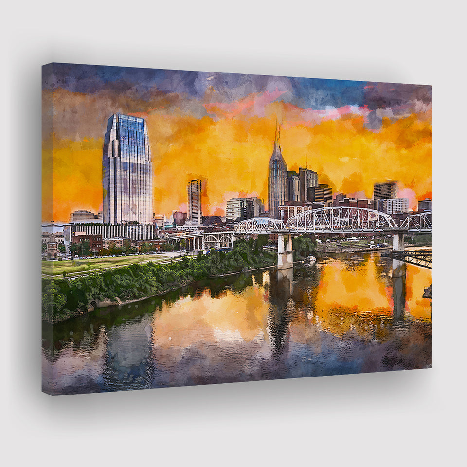 Skyline Downtown Nashville Tennessee Usa City Art Watercolor Canvas Prints Wall Art Home Decor, Large Canvas