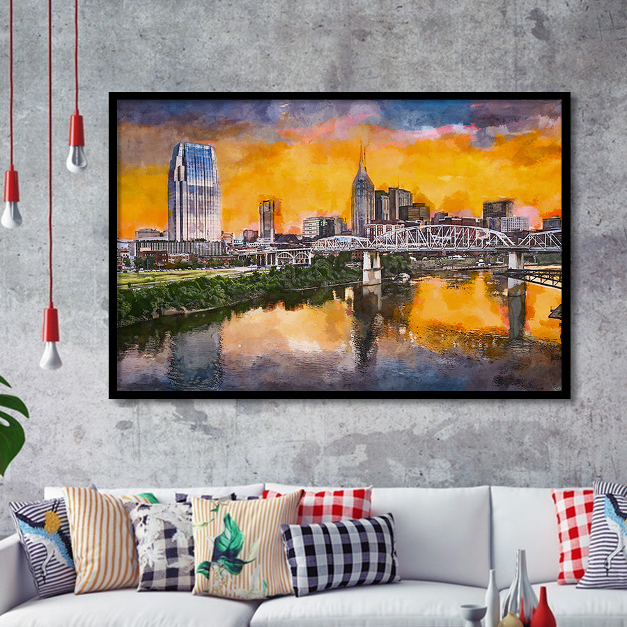 Skyline Downtown Nashville Tennessee Usa City Art Watercolor Framed Art Prints Wall Art Decor,Framed Picture