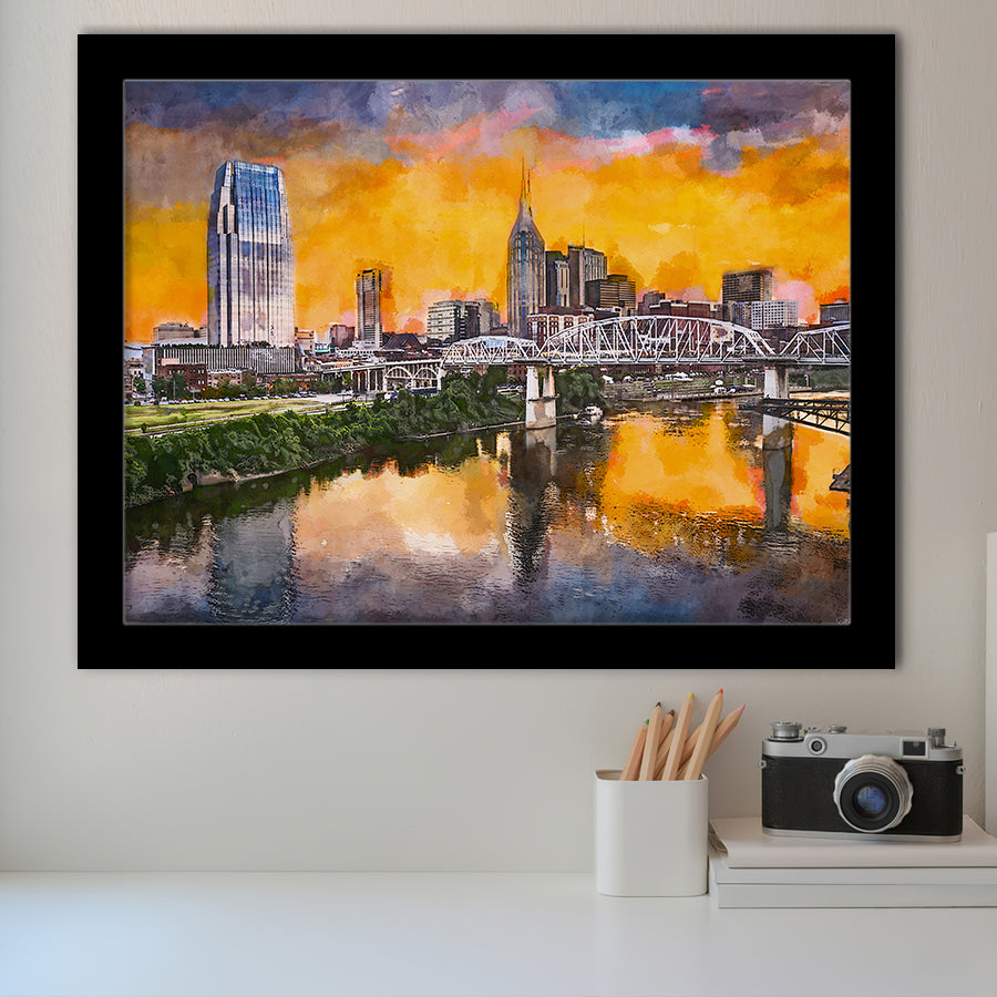 Skyline Downtown Nashville Tennessee Usa City Art Watercolor Framed Art Prints Wall Art Decor,Framed Picture