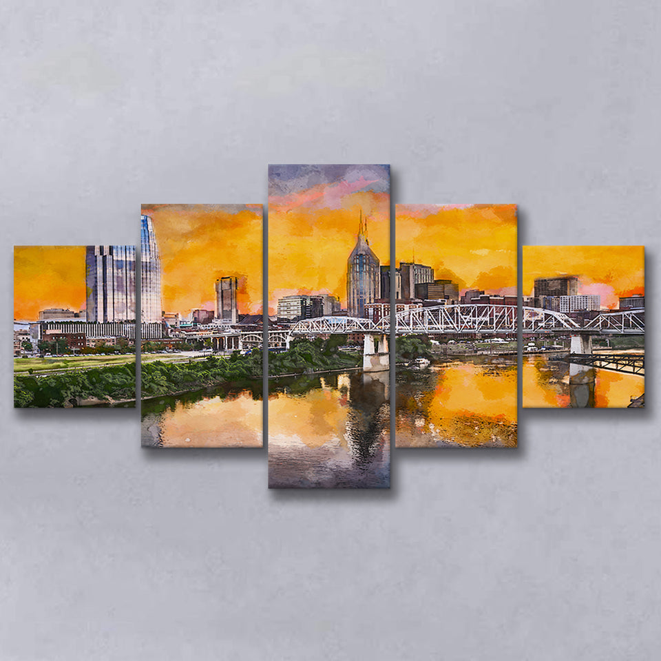 Skyline Downtown Nashville Tennessee Usa 5 Pieces Mixed Canvas Prints Wall Art Home Decor