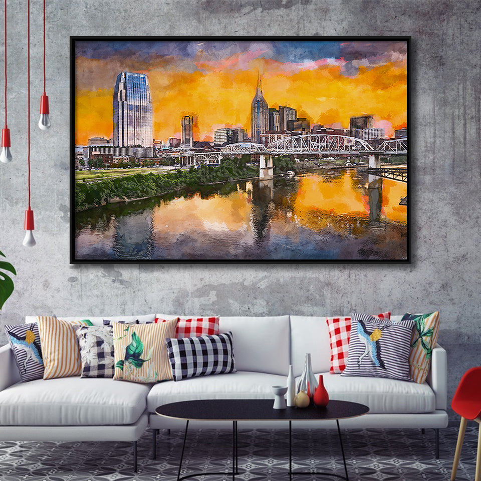 Skyline Downtown Nashville Tennessee Usa City Art Watercolor Framed Canvas Prints Wall Art Home Decor,Floating Frame