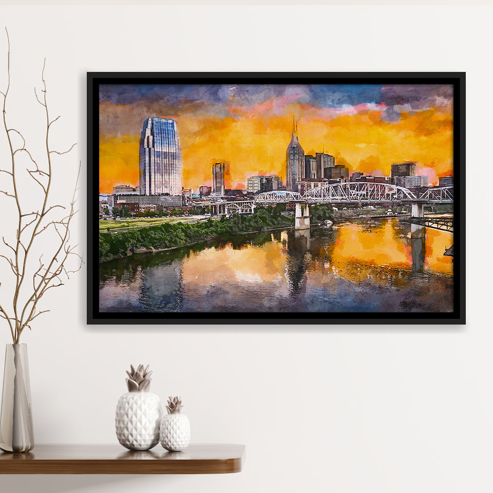 Skyline Downtown Nashville Tennessee Usa City Art Watercolor Framed Canvas Prints Wall Art Home Decor,Floating Frame