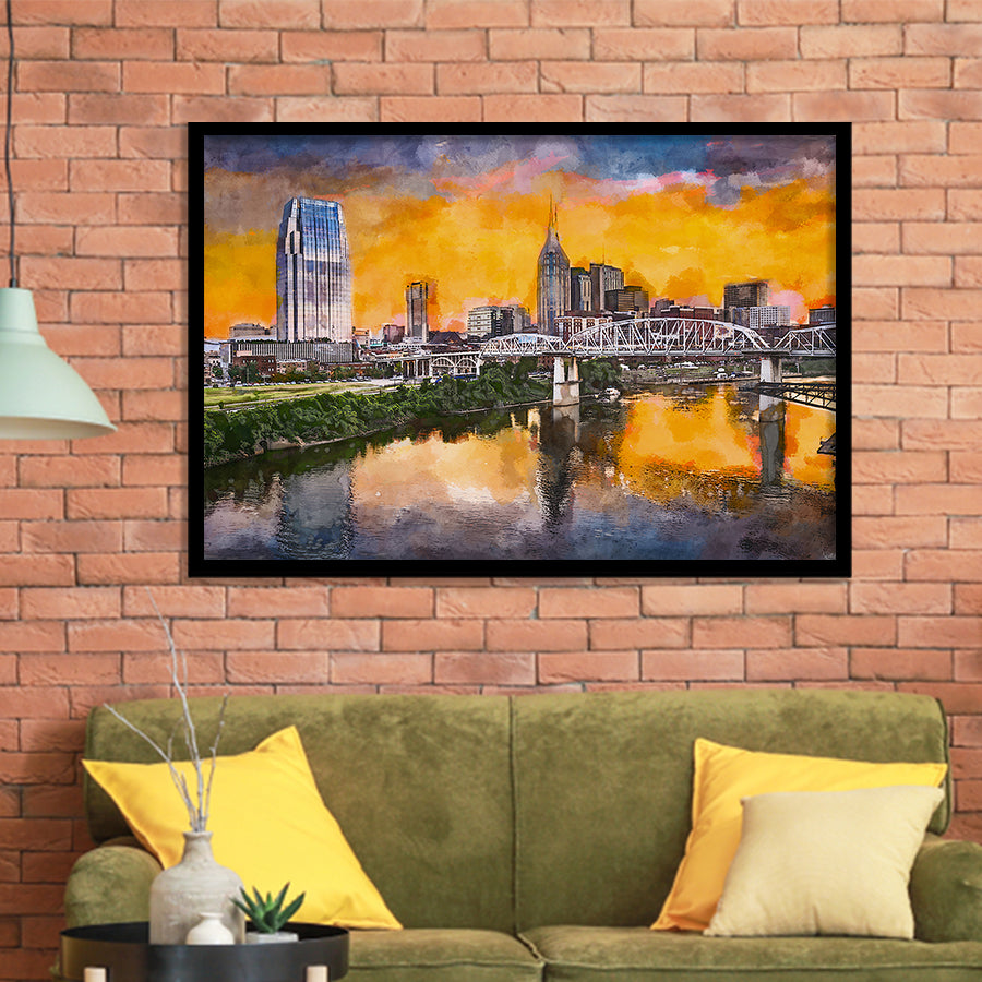 Skyline Downtown Nashville Tennessee Usa City Art Watercolor Framed Art Prints Wall Art Decor,Framed Picture