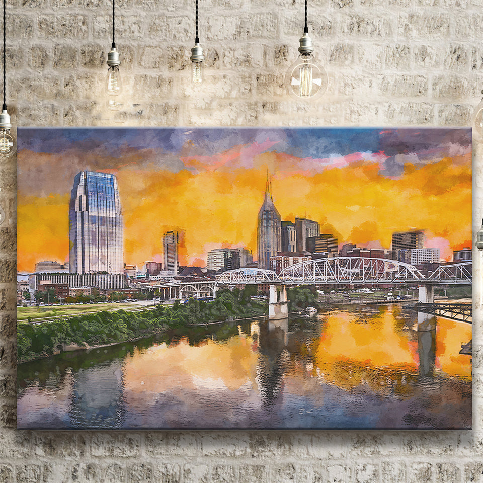 Skyline Downtown Nashville Tennessee Usa City Art Watercolor Canvas Prints Wall Art Home Decor, Large Canvas