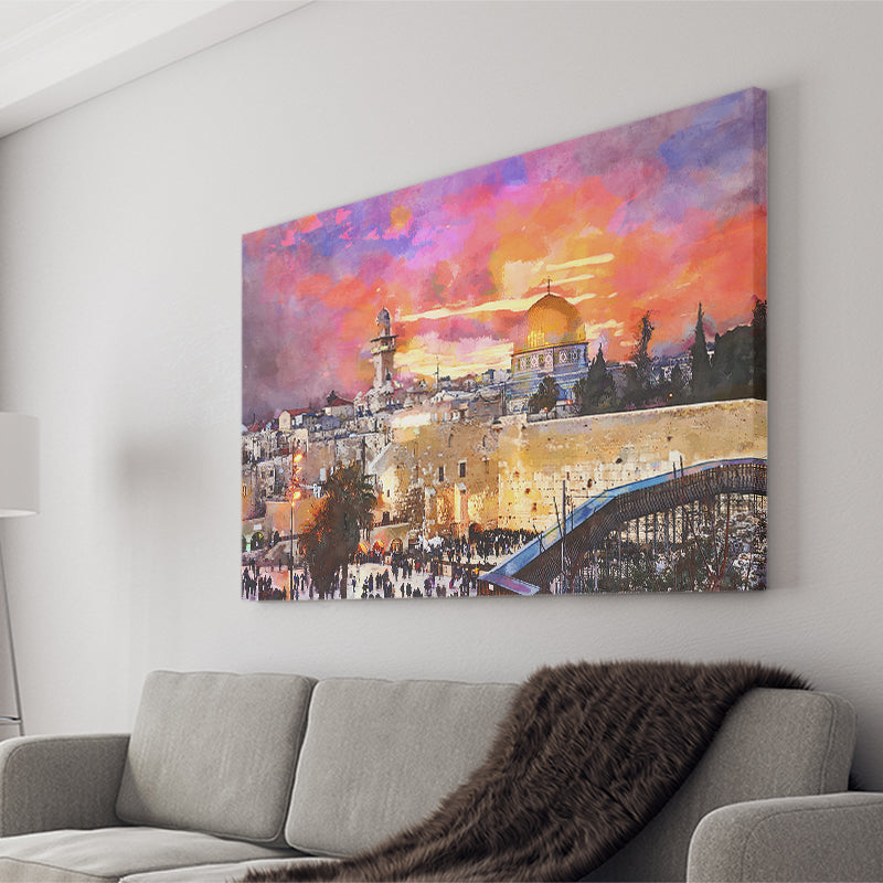 Skyline Old City Western Wall Temple City Art Watercolor Canvas Prints Wall Art Home Decor, Large Canvas