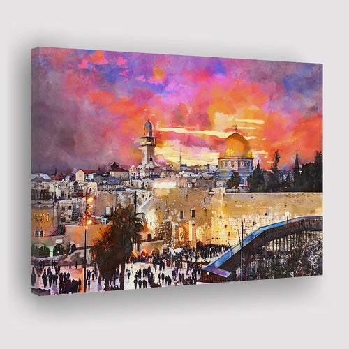 Skyline Old City Western Wall Temple City Art Watercolor Canvas Prints Wall Art Home Decor, Large Canvas
