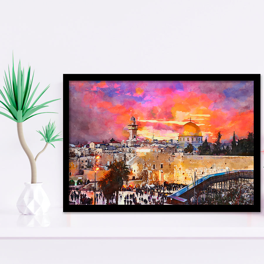 Skyline Old City Western Wall Temple City Art Watercolor Framed Art Prints Wall Art Decor,Framed Picture