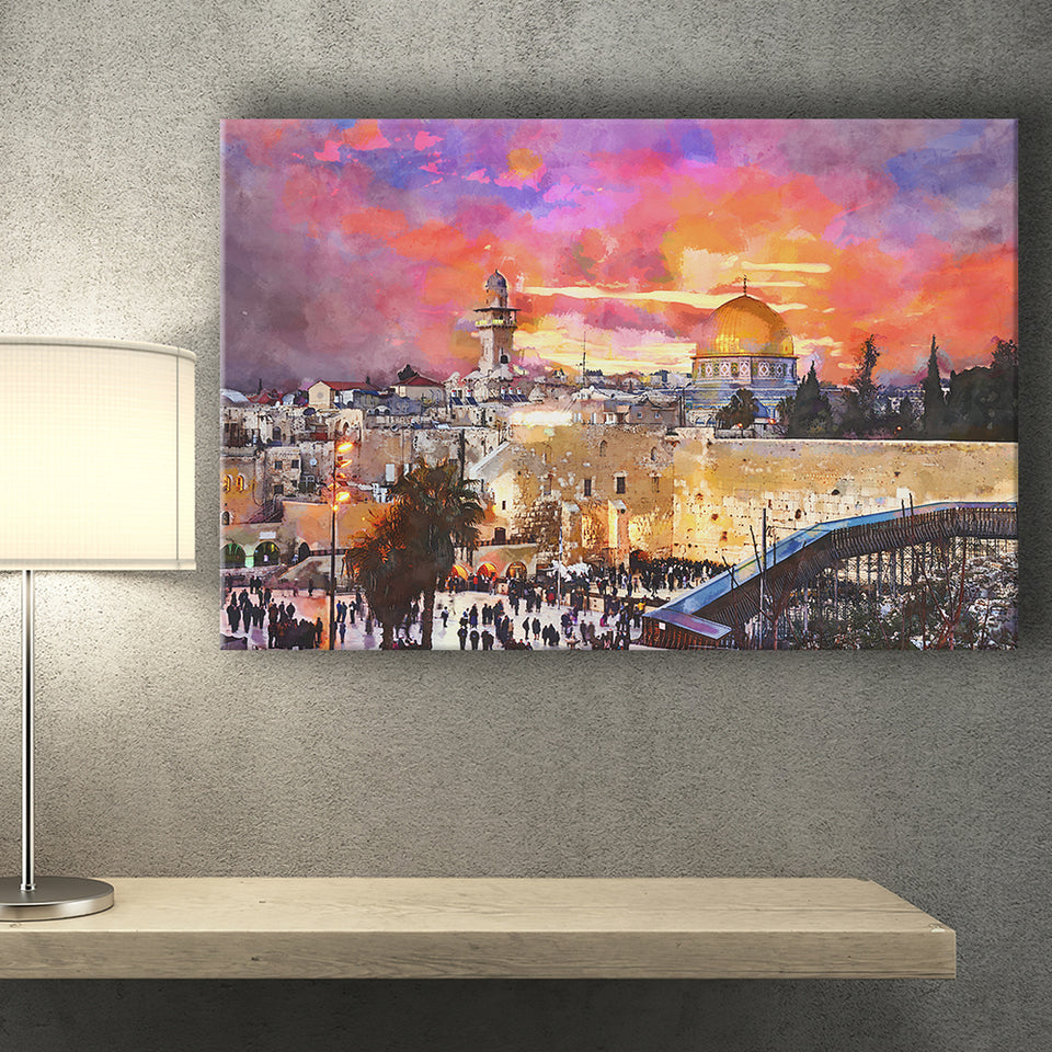 Skyline Old City Western Wall Temple City Art Watercolor Canvas Prints Wall Art Home Decor, Large Canvas