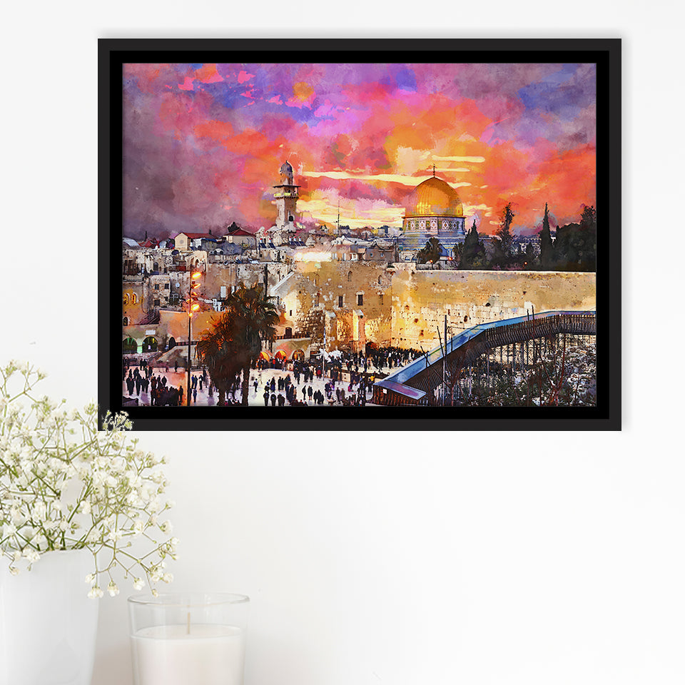 Skyline Old City Western Wall Temple City Art Watercolor Framed Canvas Prints Wall Art Home Decor,Floating Frame