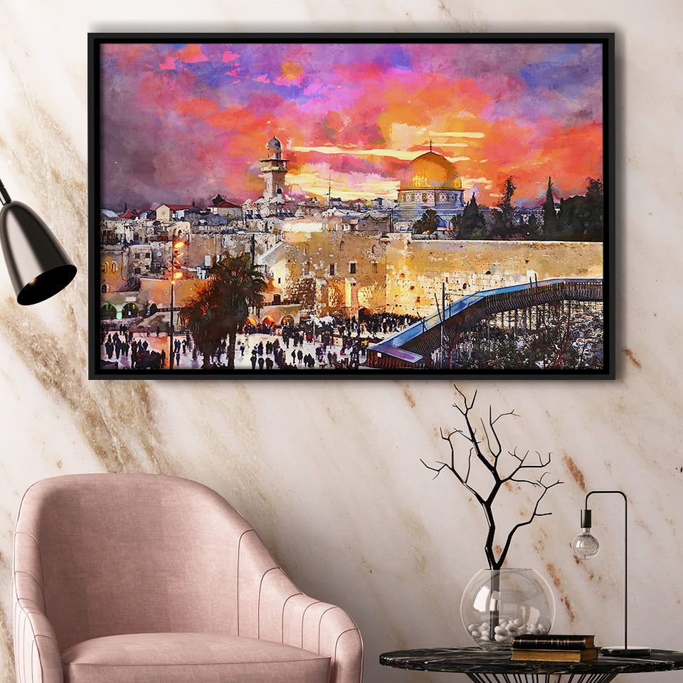 Skyline Old City Western Wall Temple City Art Watercolor Framed Canvas Prints Wall Art Home Decor,Floating Frame