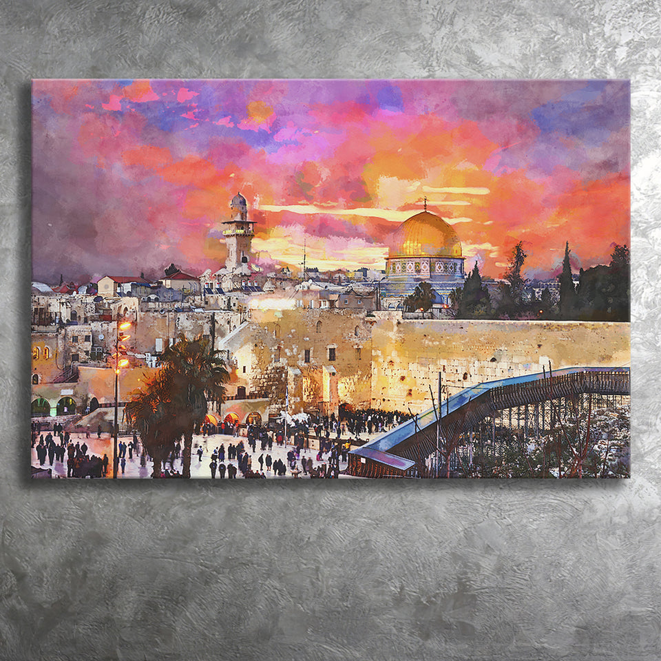Skyline Old City Western Wall Temple City Art Watercolor Canvas Prints Wall Art Home Decor, Large Canvas