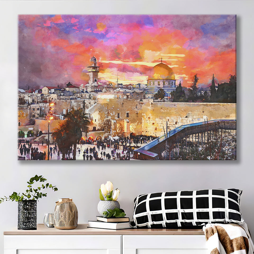 Skyline Old City Western Wall Temple City Art Watercolor Canvas Prints Wall Art Home Decor, Large Canvas