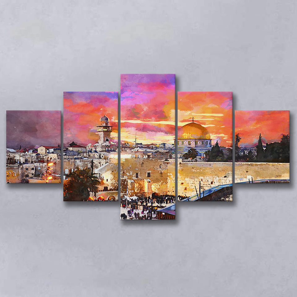 Skyline Old City Western Wall Temple 5 Pieces Mixed Canvas Prints Wall Art Home Decor