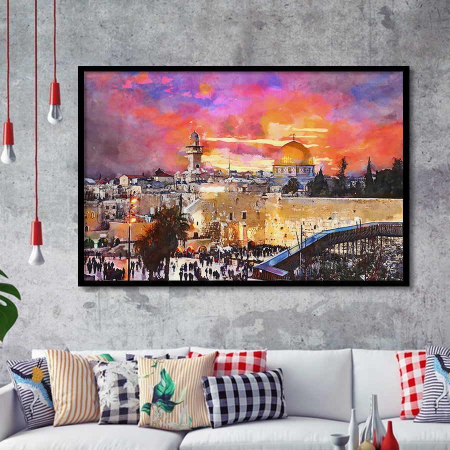 Skyline Old City Western Wall Temple City Art Watercolor Framed Art Prints Wall Art Decor,Framed Picture