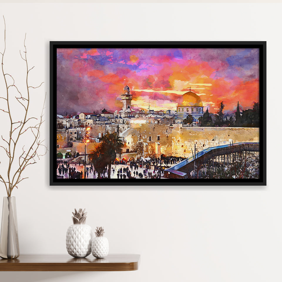 Skyline Old City Western Wall Temple City Art Watercolor Framed Canvas Prints Wall Art Home Decor,Floating Frame