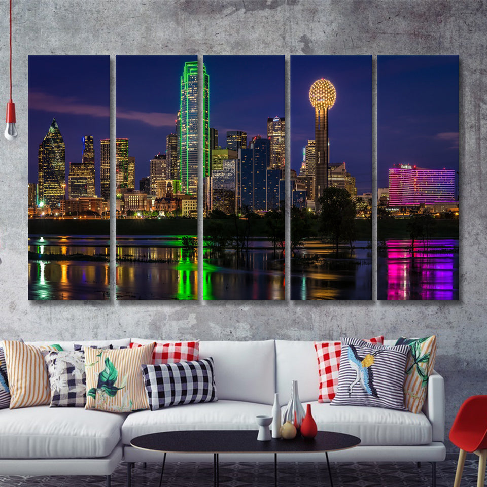 Skyline In Dallas Downtown 5 Pieces B Canvas Prints Wall Art - Painting Canvas, Multi Panels,5 Panel, Wall Decor