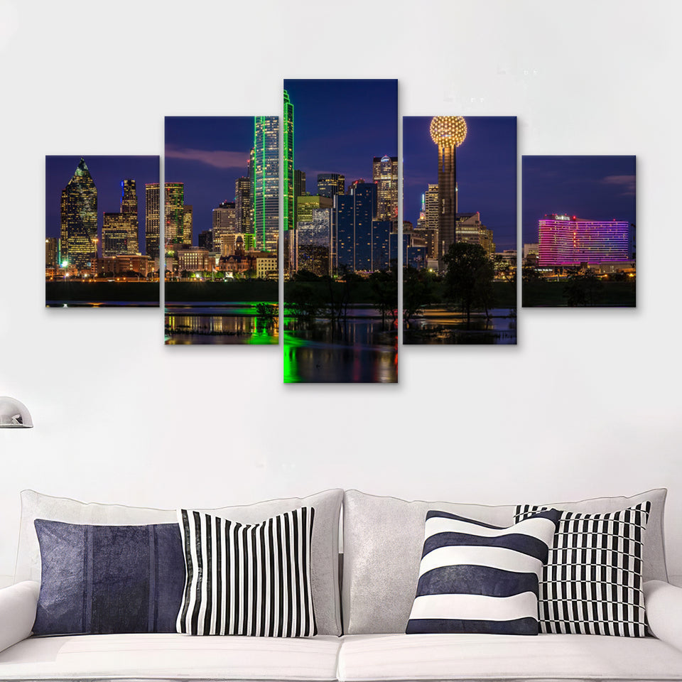 Skyline In Dallas Downtown  5 Pieces Canvas Prints Wall Art - Painting Canvas, Multi Panels, 5 Panel, Wall Decor