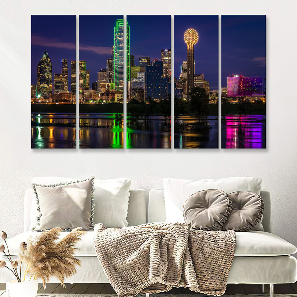 Skyline In Dallas Downtown 5 Pieces B Canvas Prints Wall Art - Painting Canvas, Multi Panels,5 Panel, Wall Decor
