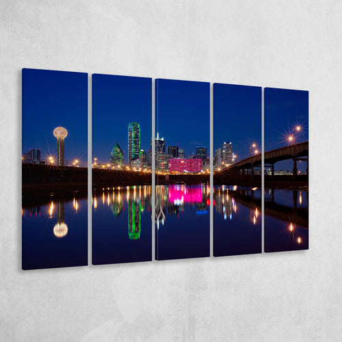 Skyline In Dallas W Lights, Multi Panels, 5 Pieces B, Canvas Prints Wall Art Home Decor,X Large Canvas