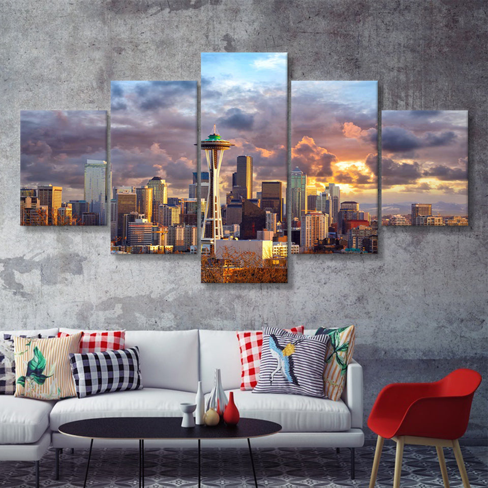 Skyline In Seattle  5 Pieces Canvas Prints Wall Art - Painting Canvas, Multi Panels, 5 Panel, Wall Decor
