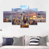 Skyline In Seattle  5 Pieces Canvas Prints Wall Art - Painting Canvas, Multi Panels, 5 Panel, Wall Decor