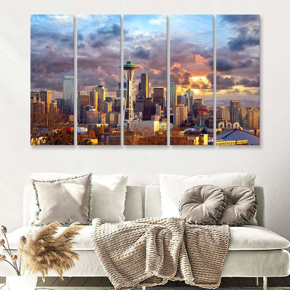 Skyline In Seattle 5 Pieces B Canvas Prints Wall Art - Painting Canvas, Multi Panels,5 Panel, Wall Decor