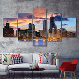 Skyline Of Chicago  5 Pieces Canvas Prints Wall Art - Painting Canvas, Multi Panels, 5 Panel, Wall Decor